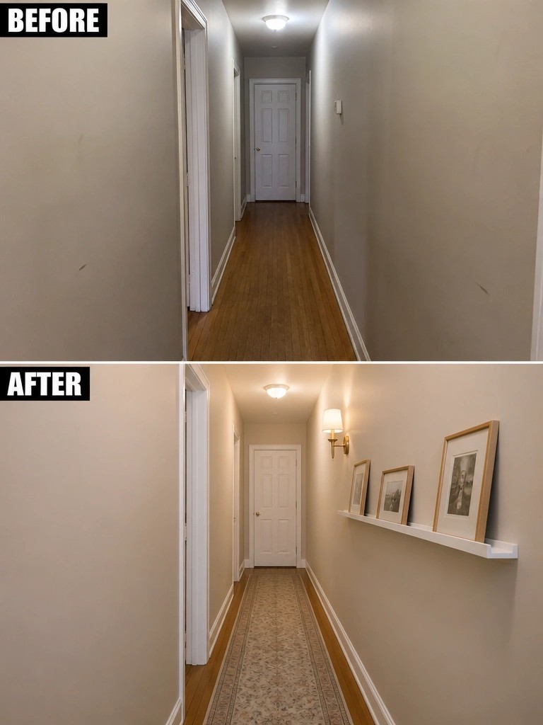 Before and after narrow hallway with new paint, rug, and framed photo ledge
