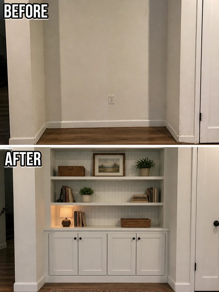 Before and after of empty alcove transformed into white built-in bookshelf unit