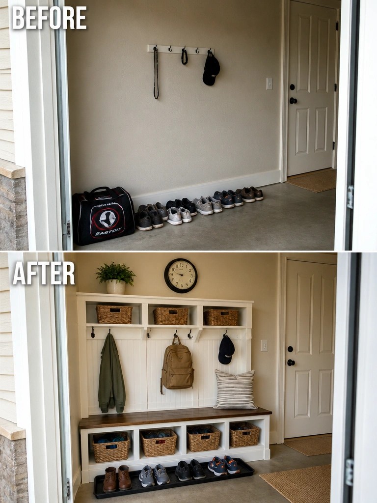 Before-and-after image of a plain entryway transformed with a built-in storage bench, hooks, shelves, and organized baskets for shoes and bags.