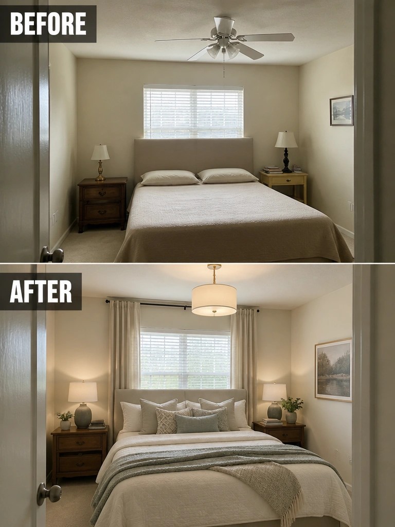 Before and after neutral bedroom with new lighting, pillows, curtains and decor.