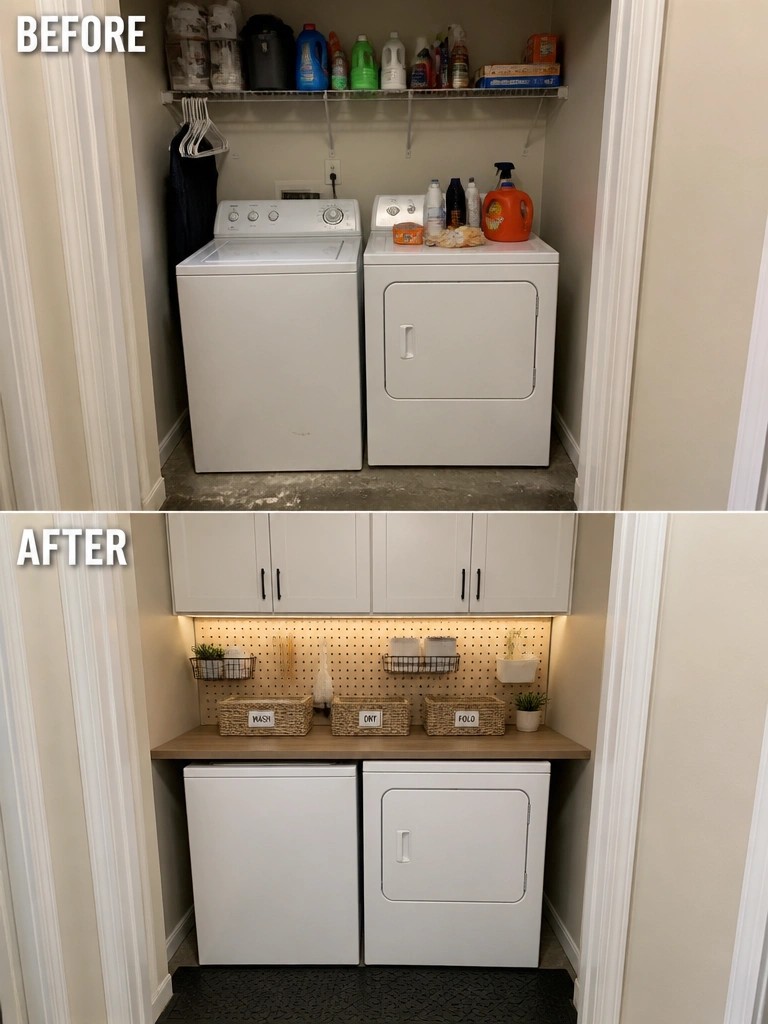 Laundry room before-and-after with white appliances, cabinets, pegboard, and labeled baskets.