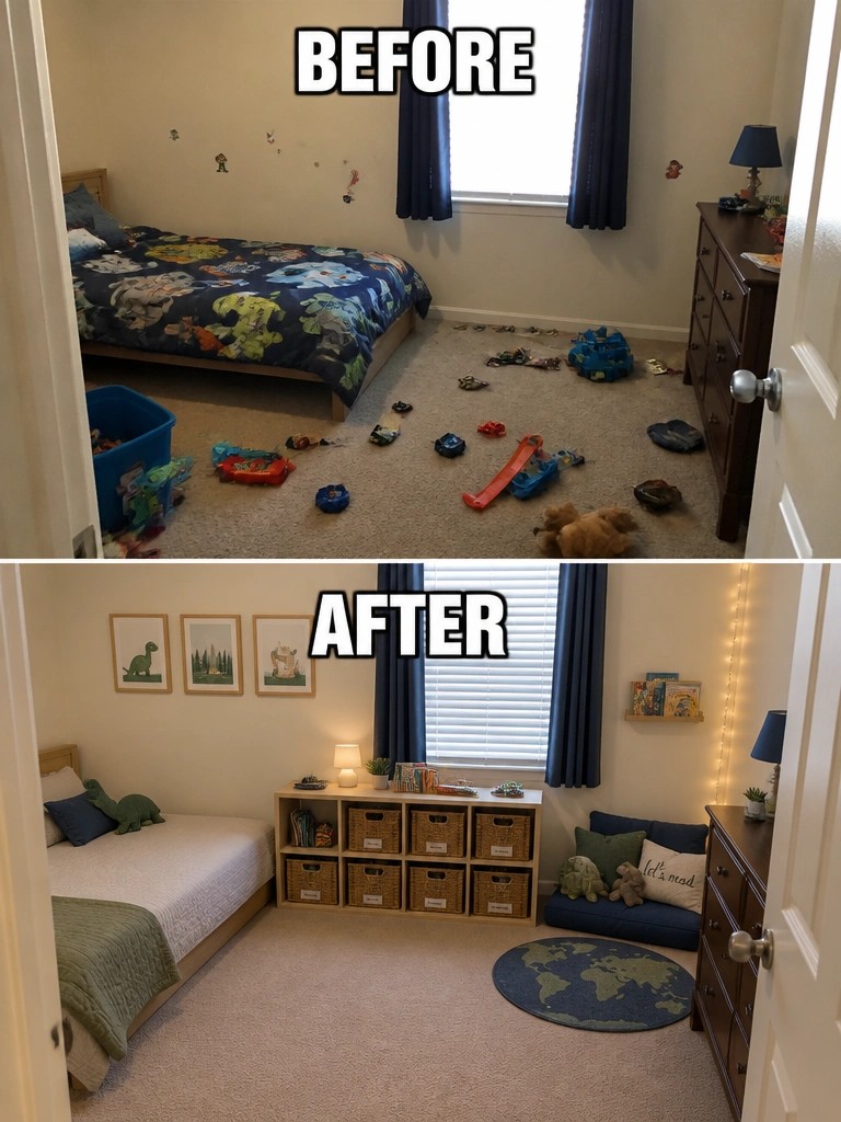 Before-and-after image of a cluttered kids bedroom transformed with organized storage baskets, a world map rug, and simple wall art.