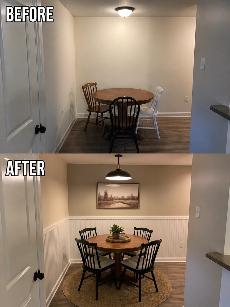 Before-and-after image of a dining area updated with wainscoting on the lower walls, a round rug, a pendant light, and framed artwork.