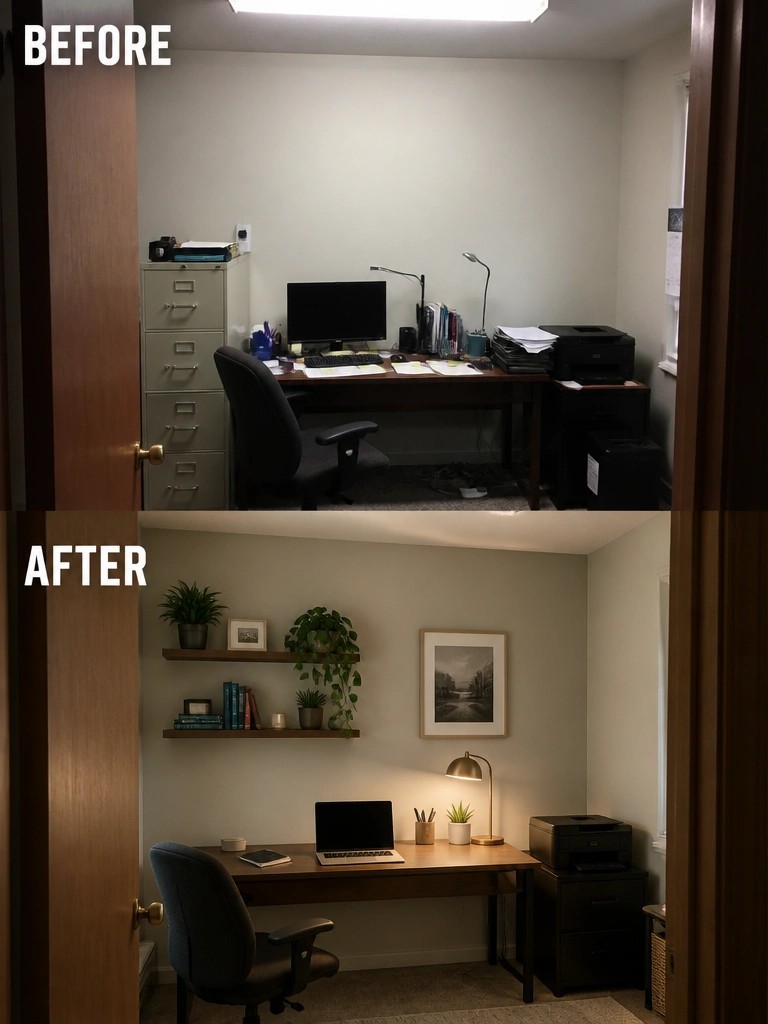 Before and after of cluttered home office transformed into tidy organized workspace with plants.