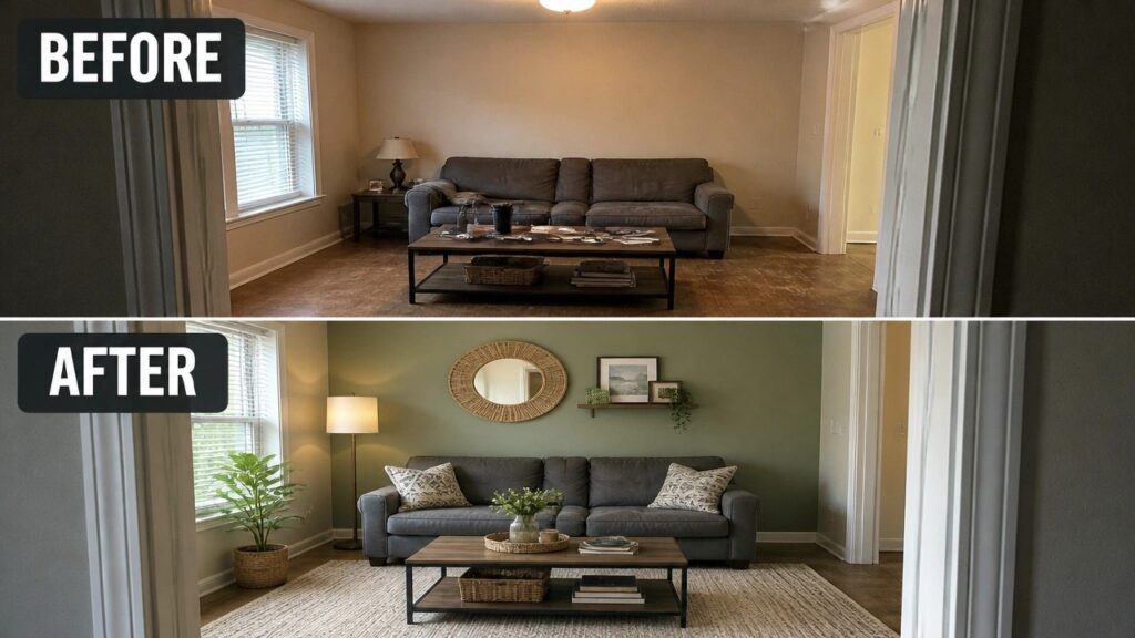 21 Budget Simple Room Update Ideas for Rooms That Feel Tired But Usable Before and after living room with green walls, rug, pillows and plants.