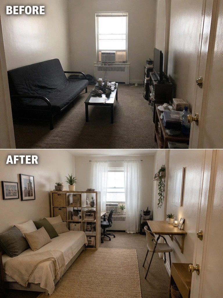 Before-and-after image of a living room updated with a rug, curtains, lighter furniture arrangement, and added wall decor.