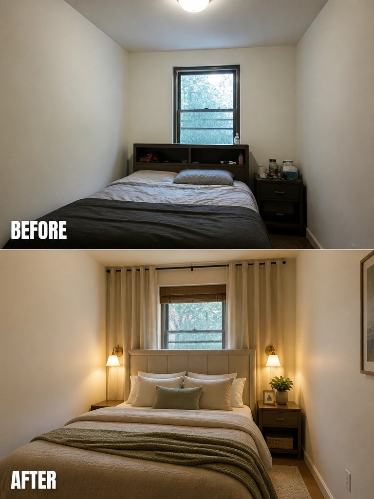 Before-and-after image of a basic bedroom transformed with curtains, bedside lamps, a headboard, and layered bedding.