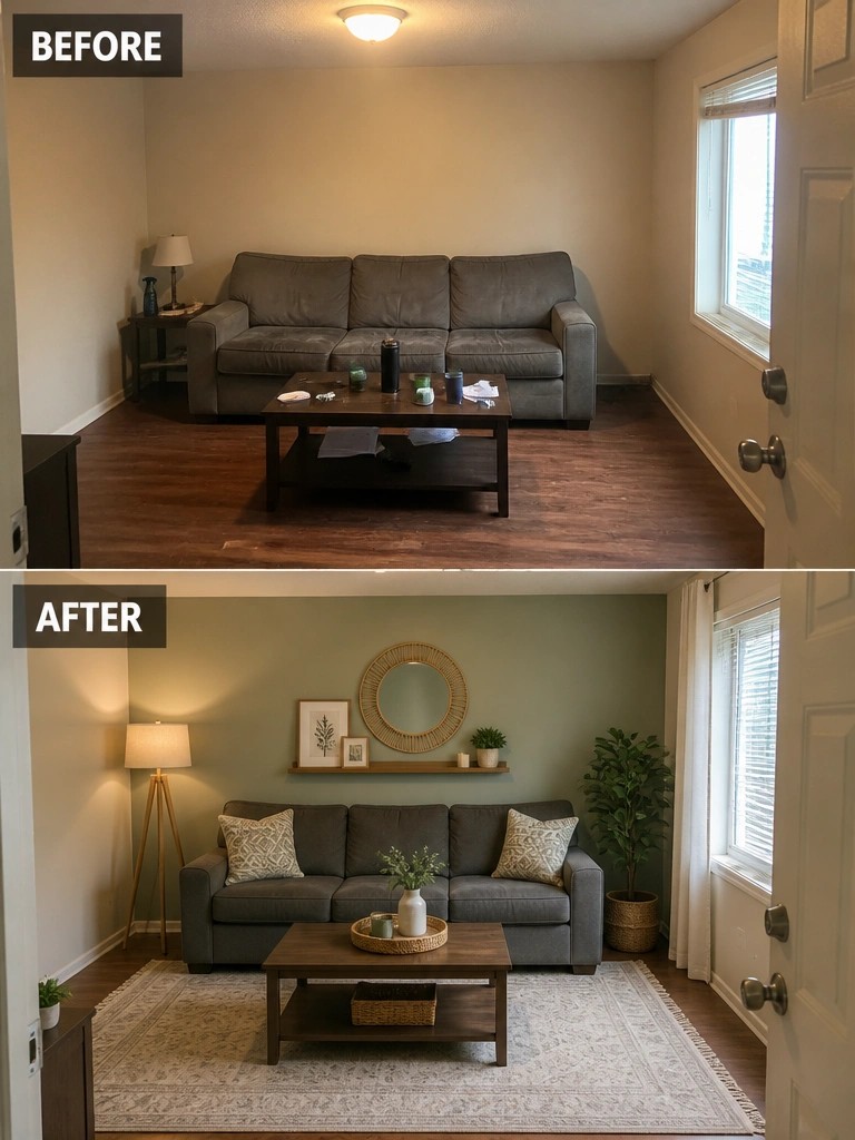 Before and after living room with green walls, rug, pillows and plants.