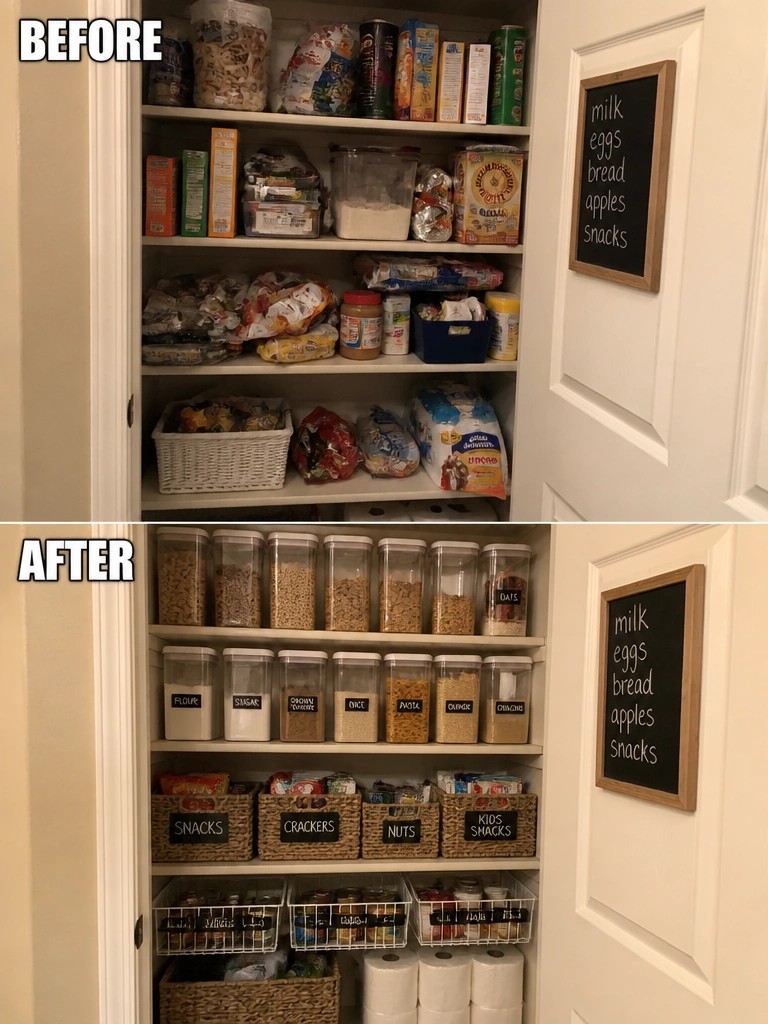 Before-and-after image of a cluttered pantry reorganized with clear labeled canisters on top shelves, woven baskets in the middle, and wire bins below.