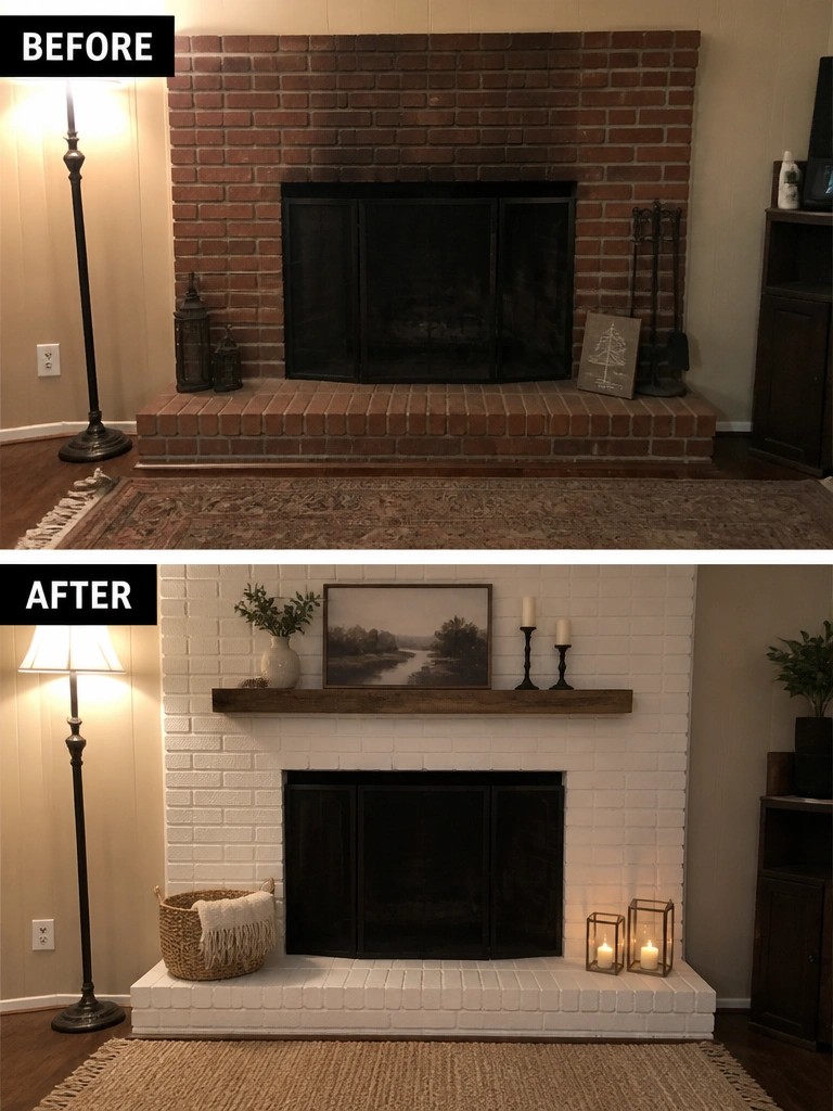 Before-and-after image of a brick fireplace painted white with a wooden mantel added above the opening.