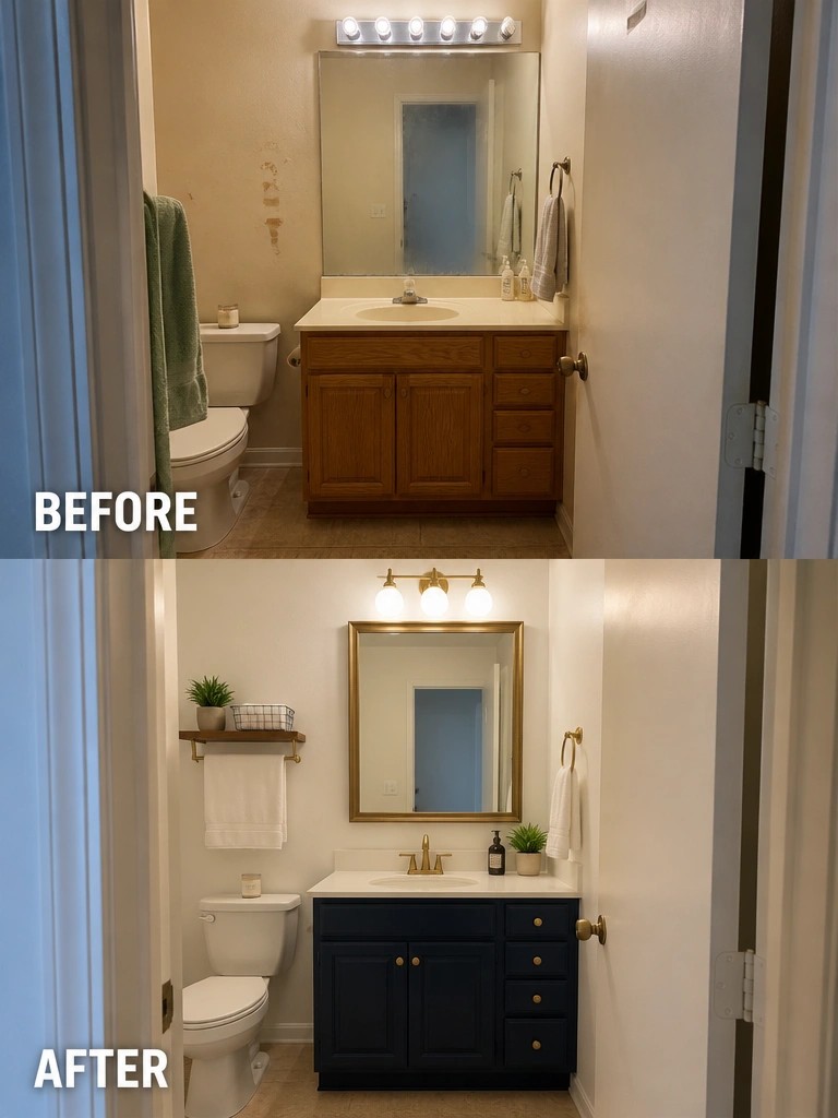 Before and after bathroom remodel featuring navy vanity and modern gold fixtures
