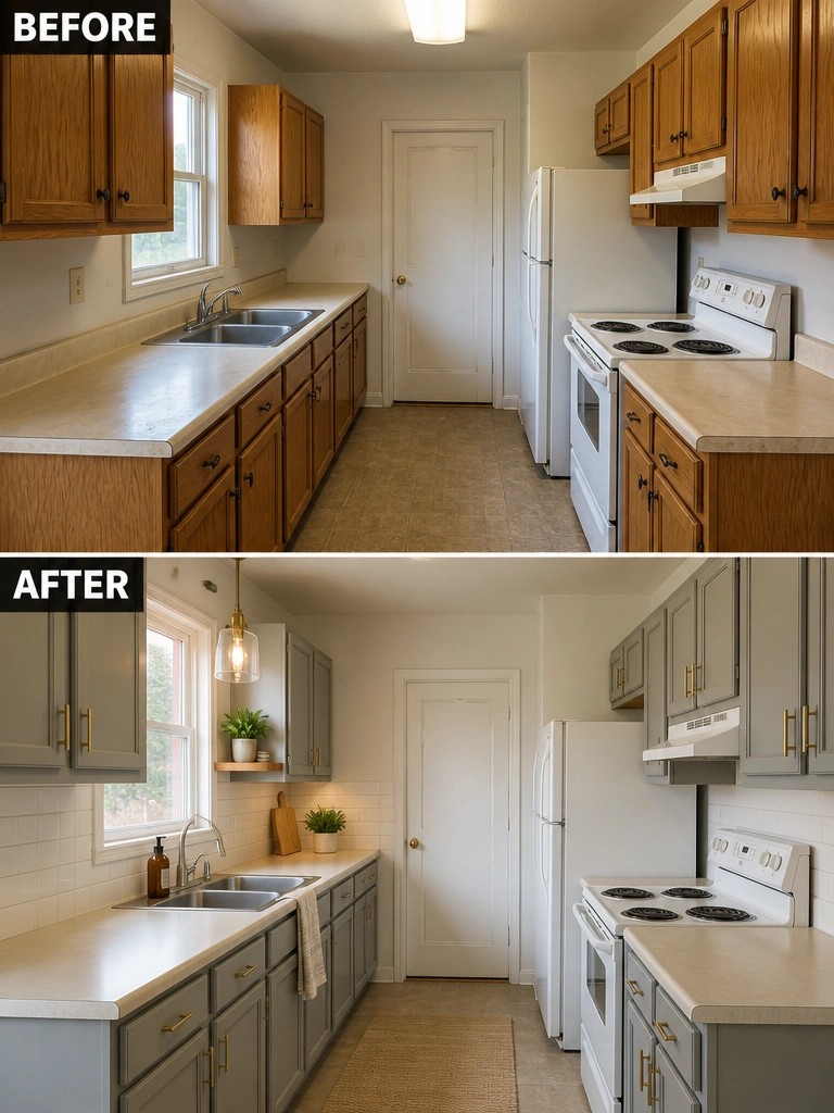 Before-and-after image of a kitchen with wooden cabinets updated by painting them gray and adding new hardware.