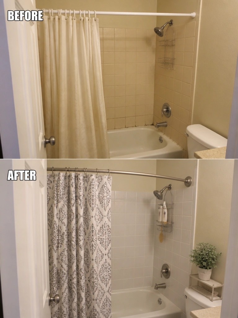 Bathroom before and after with beige shower curtain replaced by patterned one and white tiles.