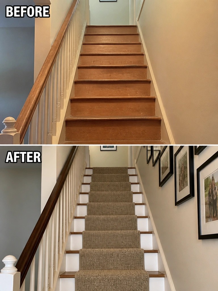 Before and after of bare wooden staircase now carpeted with wall art added