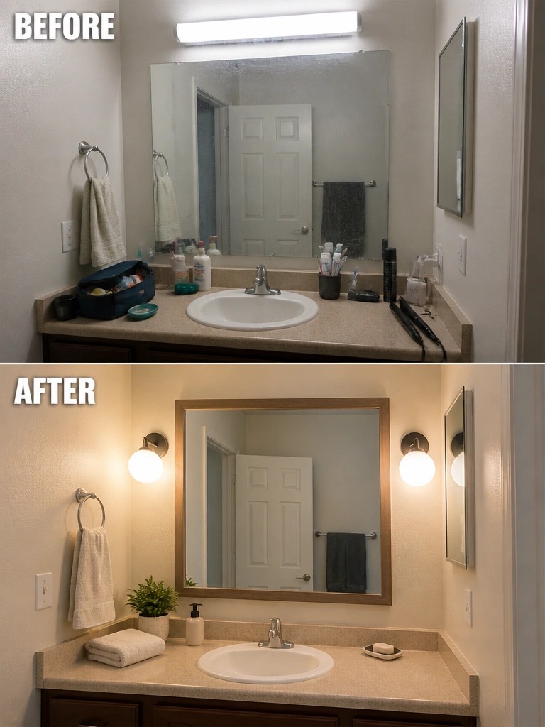 Before and after bathroom vanity with clutter removed, new sconces and framed mirror
