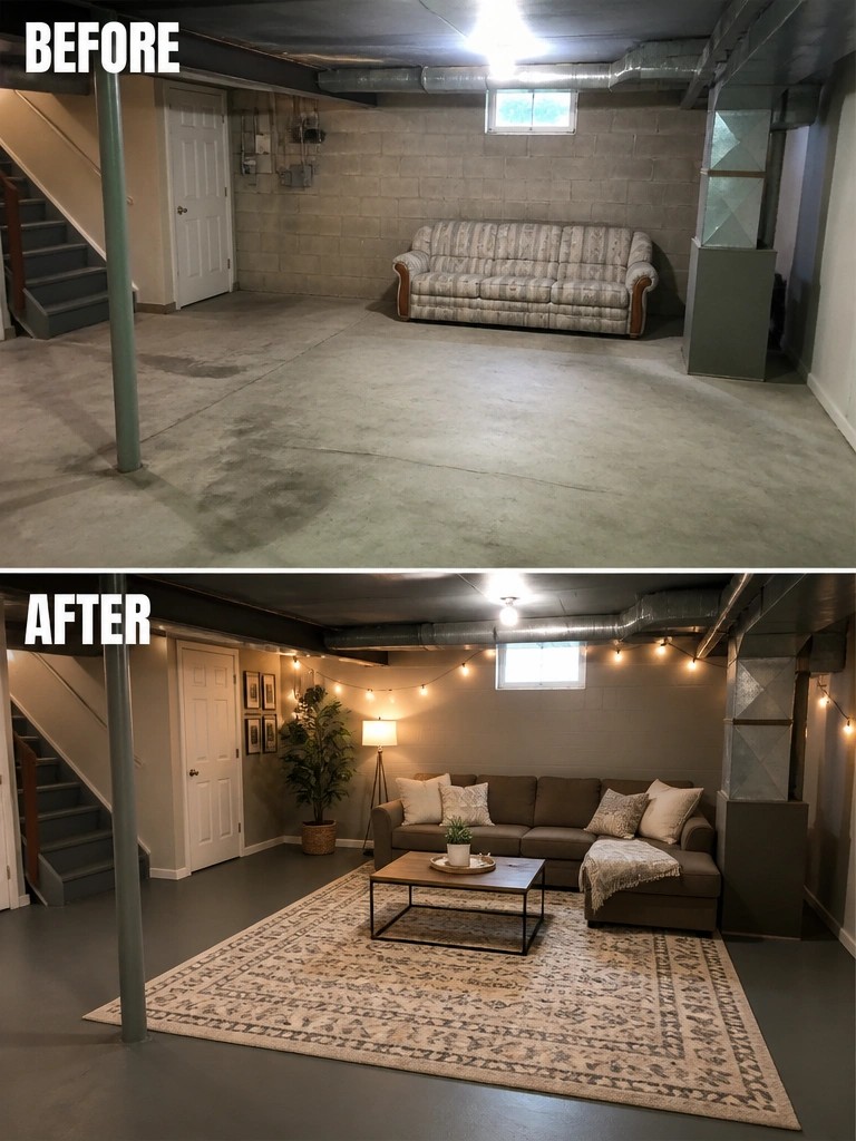 Before and after basement renovation with new sofa, rug, and string lights.