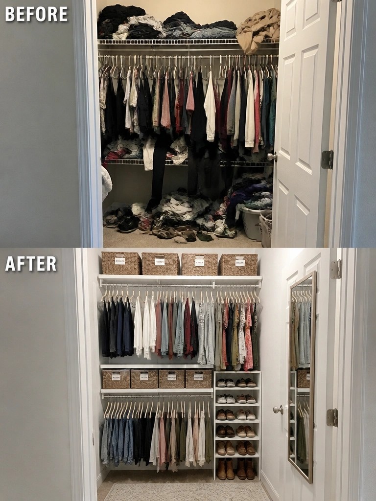 Before-and-after image of a messy closet reorganized with hanging clothes, labeled storage baskets on multiple shelves, and a dedicated shoe rack.