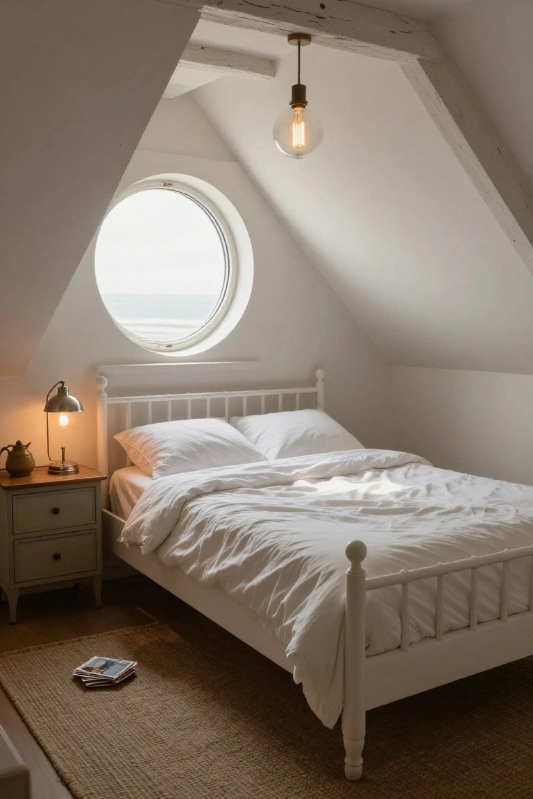 White metal bed with rumpled white duvet and pillows in an attic bedroom with sloped white ceilings, round porthole window overlooking the sea, bedside table with lamp and teapot, seagrass rug on wooden floor.