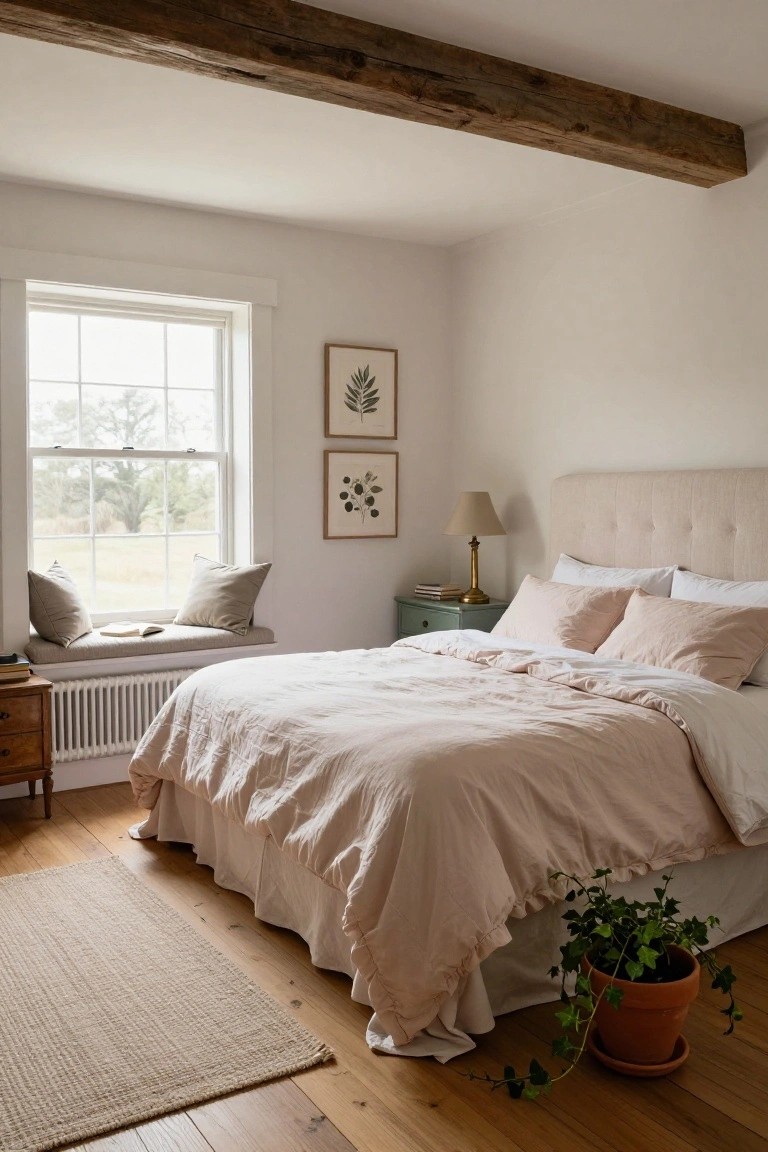 A bedroom featuring a king bed with blush pink linen duvet and pillows, beige upholstered headboard, window seat with cushions, exposed wood ceiling beams, hardwood floors, and potted ivy plant.