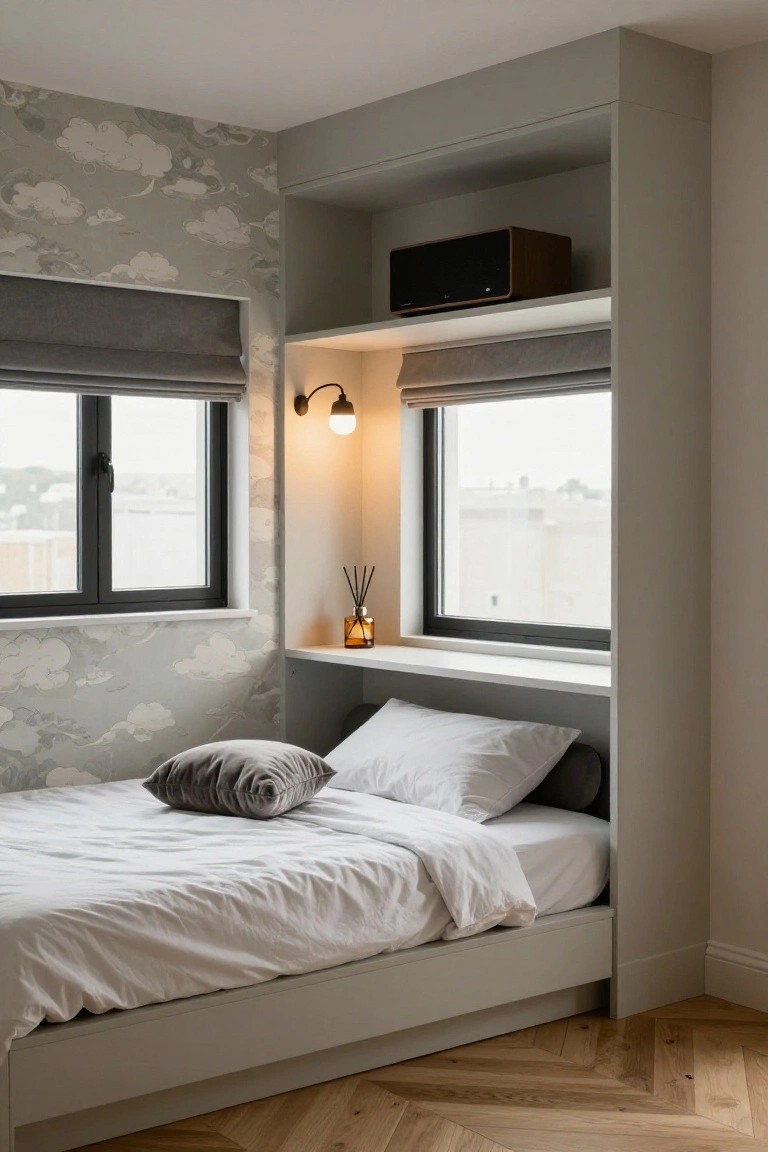 A bedroom with a platform bed integrated into tall light grey built-in shelving cabinets, grey cloud-patterned wallpaper on one wall, black-framed windows with grey roller blinds, a wall light, reed diffuser, and herringbone parquet flooring.