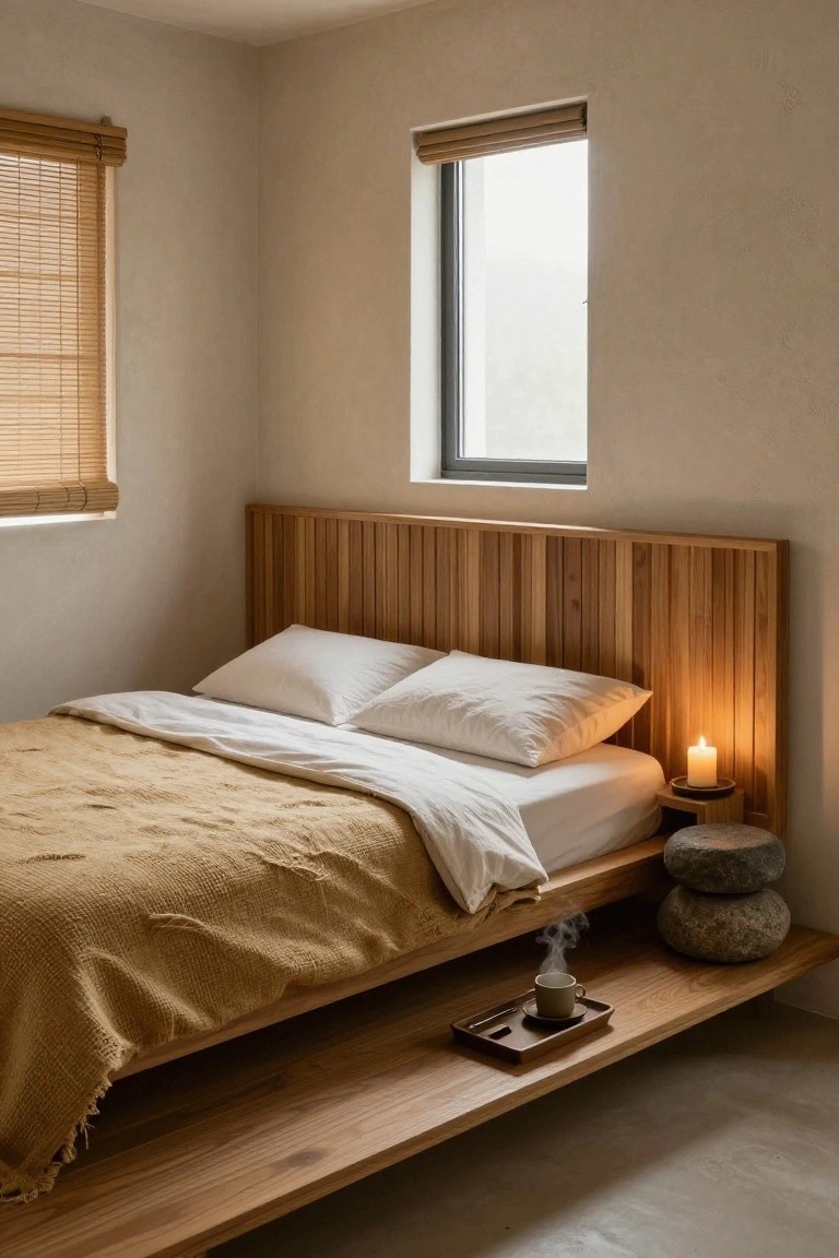 A minimalist bedroom with a low wooden platform bed featuring vertical slat headboard, integrated wood shelf holding a teacup saucer and lit candle on stone base, white pillows and sheets under beige textured throw, bamboo blinds on two windows, and beige walls with concrete floor.