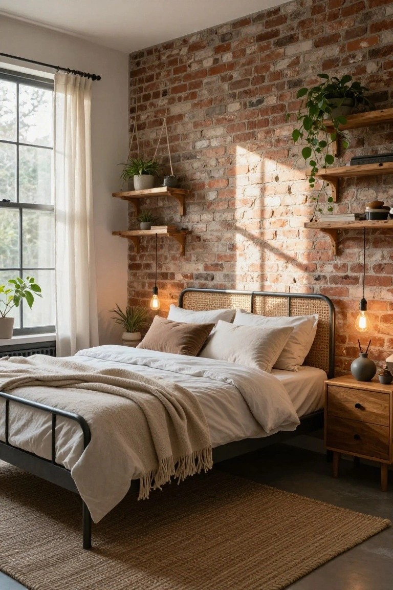 A cozy bedroom with a red exposed brick accent wall, wooden floating shelves holding potted plants, a rattan bed frame with beige linens and pillows, wooden side table, warm pendant lights, and a large window with sheer curtains.