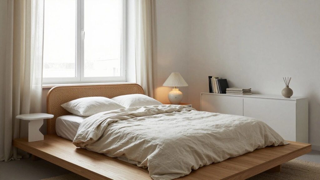 A cozy bedroom with a low wooden platform bed featuring a rattan headboard, rumpled white linen bedding, a white nightstand with beige lamp, a small bookshelf, and a large window with sheer curtains and a reed diffuser.