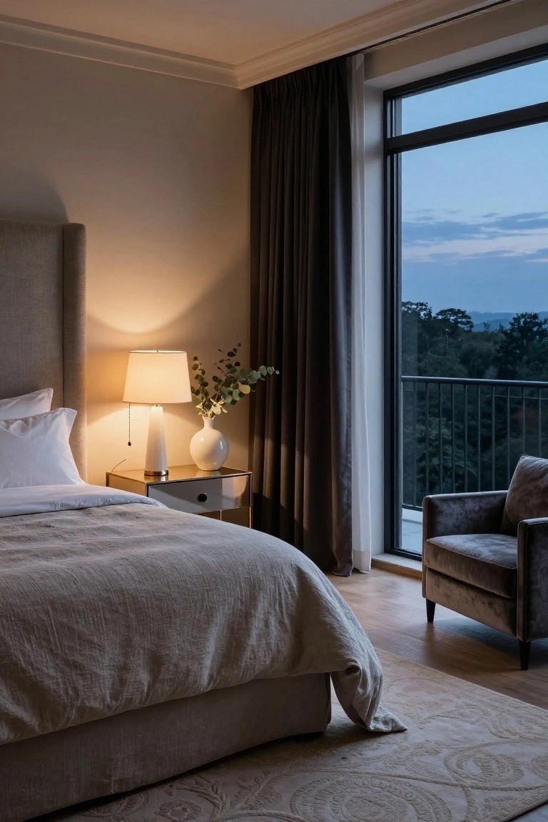 A bedroom featuring a beige upholstered bed with white pillows and light gray linen duvet, a brass-edged bedside table holding a white ceramic lamp and vase of eucalyptus, floor-to-ceiling windows with gray curtains opening to a balcony overlooking trees at dusk, a gray velvet armchair, and light wood floors with a cream rug.