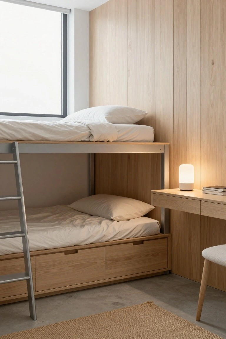 Bunk bed with light wood frame and paneling on walls, lower bunk with pillows, integrated desk with lamp and books, chair, rug on concrete floor in a minimalist bedroom.