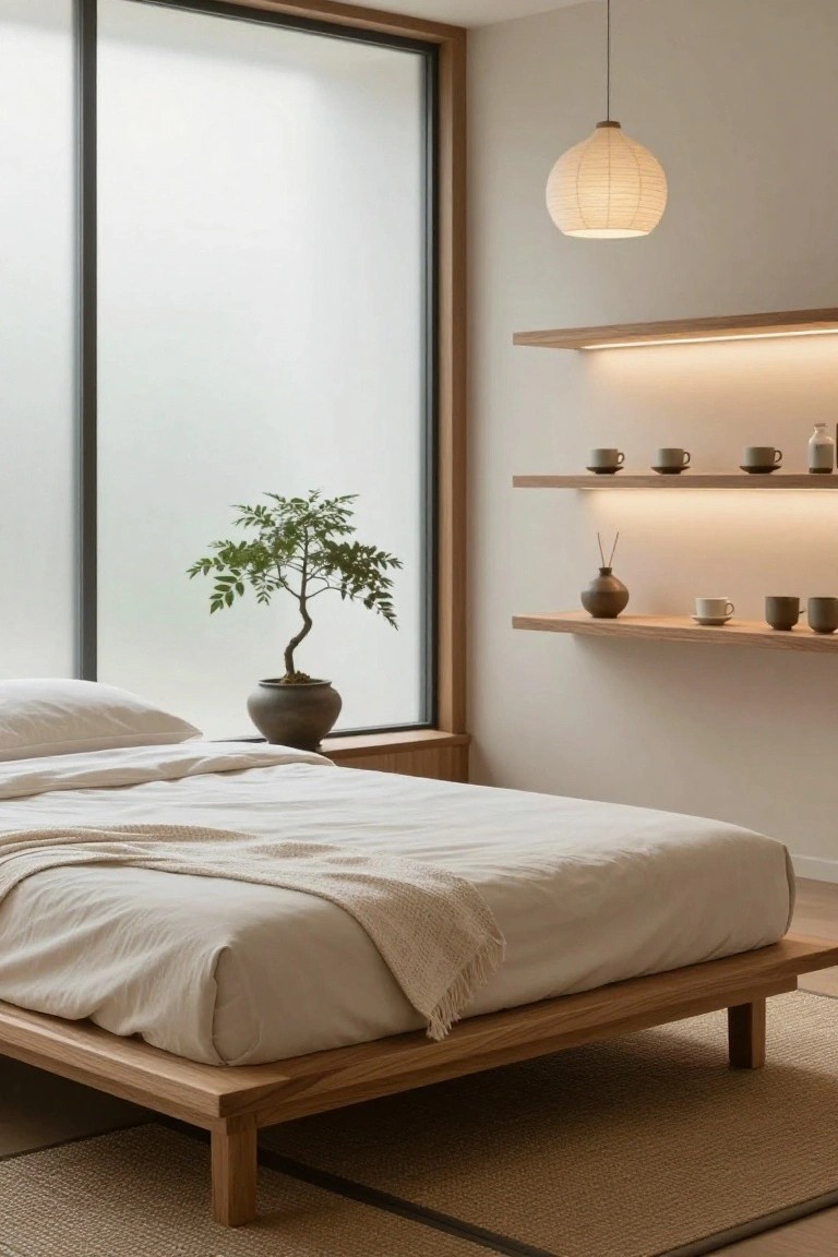 Minimalist bedroom with low wooden platform bed on seagrass rug next to frosted glass window, gray bonsai pot on sill, wooden floating shelves holding ceramics and vase, and white paper lantern pendant light overhead.