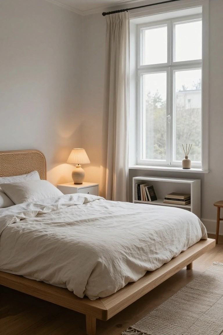 A cozy bedroom with a low wooden platform bed featuring a rattan headboard, rumpled white linen bedding, a white nightstand with beige lamp, a small bookshelf, and a large window with sheer curtains and a reed diffuser.