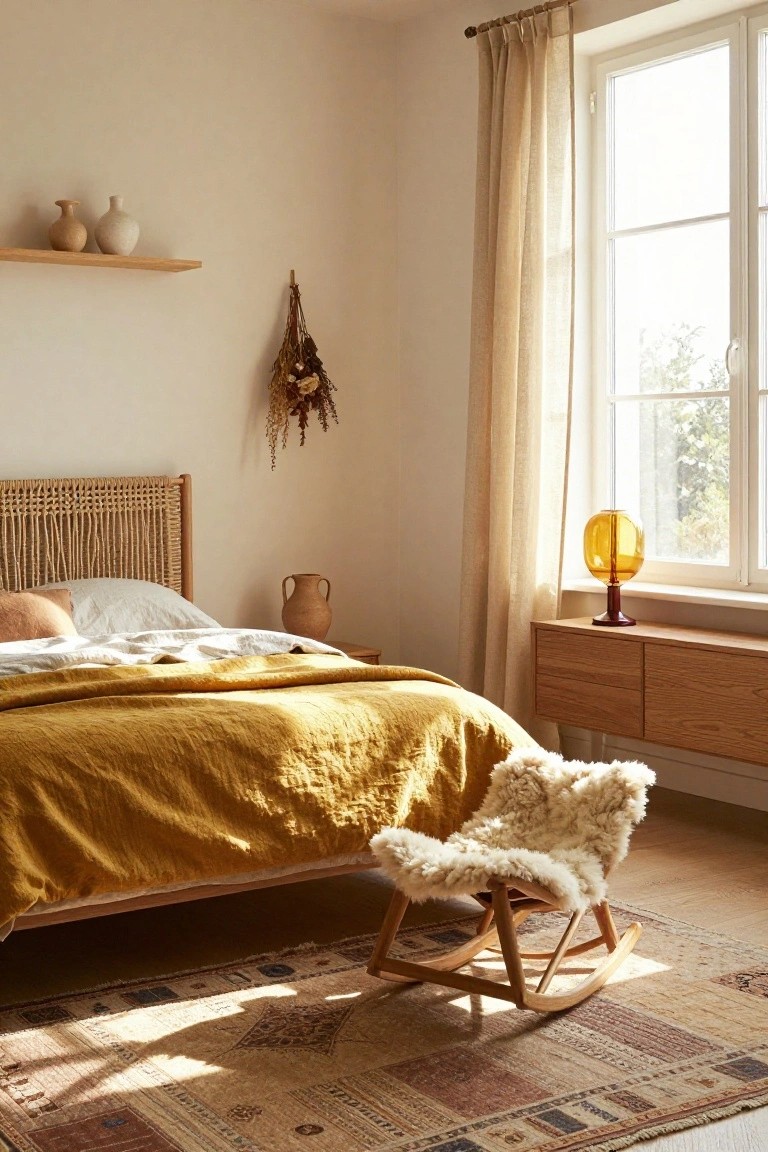 Sunlit bedroom with rattan headboard bed draped in mustard yellow linen bedding, white sheepskin on wooden rocking chair, terracotta vases on wooden shelf and nightstand, beige linen curtains at window, and patterned rug on wood floor.
