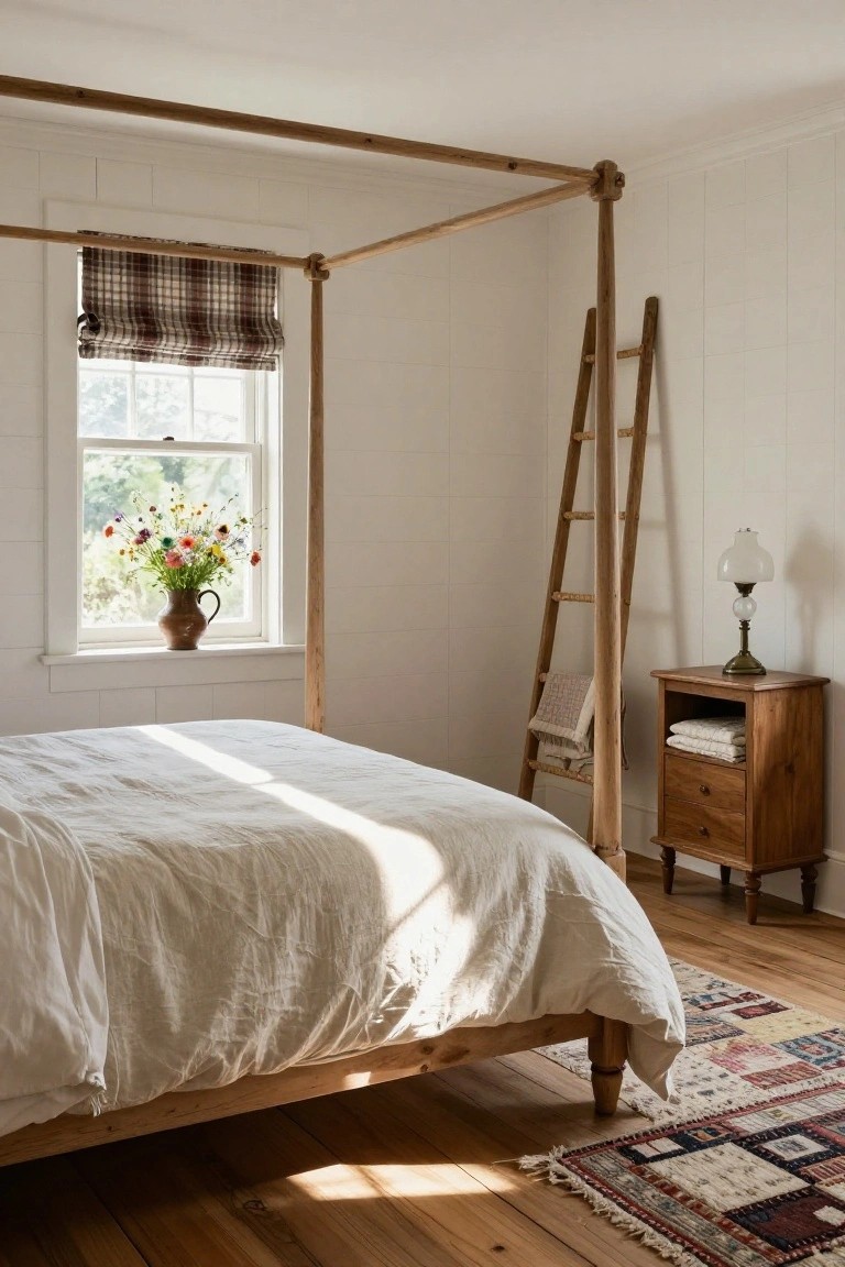A sunlit bedroom with white shiplap walls, a natural wood canopy bed draped in white linens, a leaning wooden ladder, wooden nightstand with towels, and a window holding a bouquet of wildflowers with a plaid roman shade.