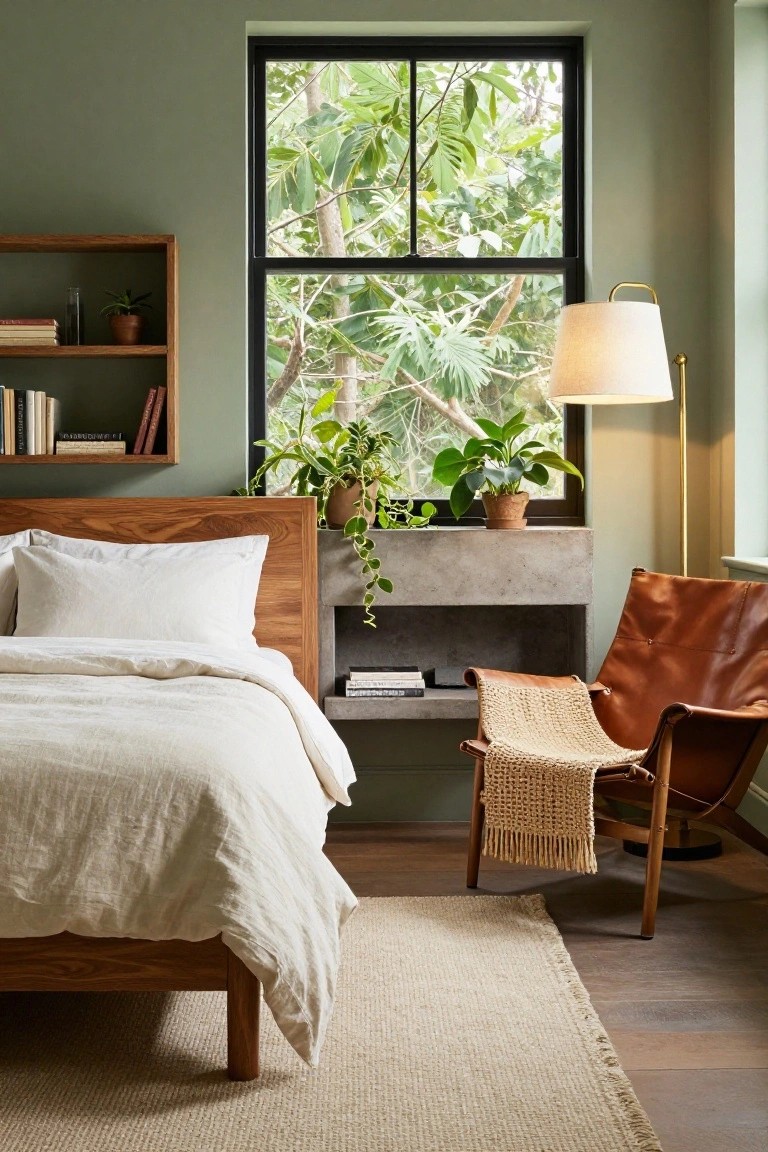 A bedroom featuring sage green walls, a wooden bed with white linens, built-in concrete shelf with books and plants, wooden wall shelves with books and a small potted plant, a brown leather armchair with woven throw, a floor lamp, and a large window showing tropical trees outside.