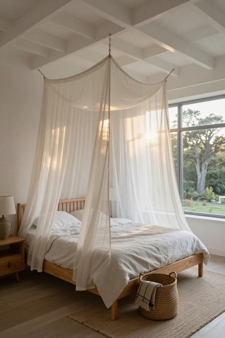 A wooden bed with white sheets under a white sheer canopy suspended from the ceiling, beside a wooden nightstand with lamp, large window showing trees and garden, on light wood floor with seagrass rug and woven basket.