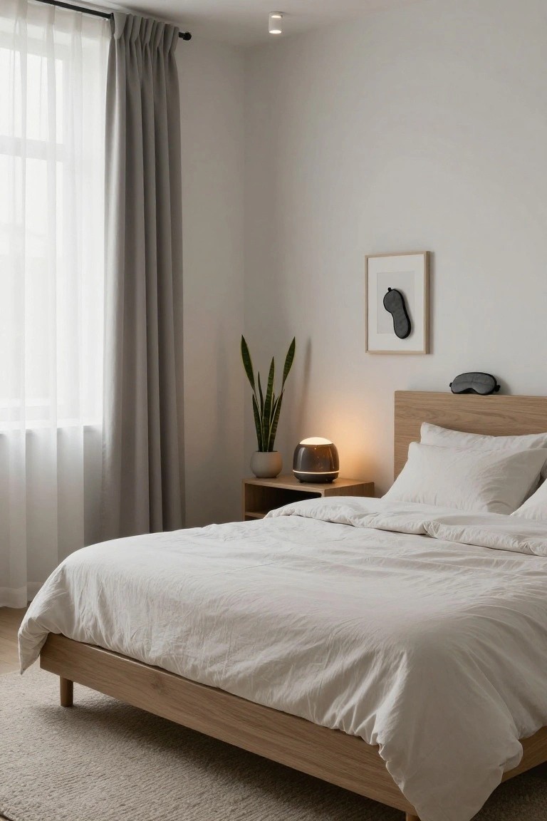 A minimalist bedroom corner with a low light oak platform bed covered in white duvet and pillows, wooden nightstand holding a glowing orb lamp, potted snake plant, sheer gray curtains on a tall window, and a framed black sleep mask print on the white wall.