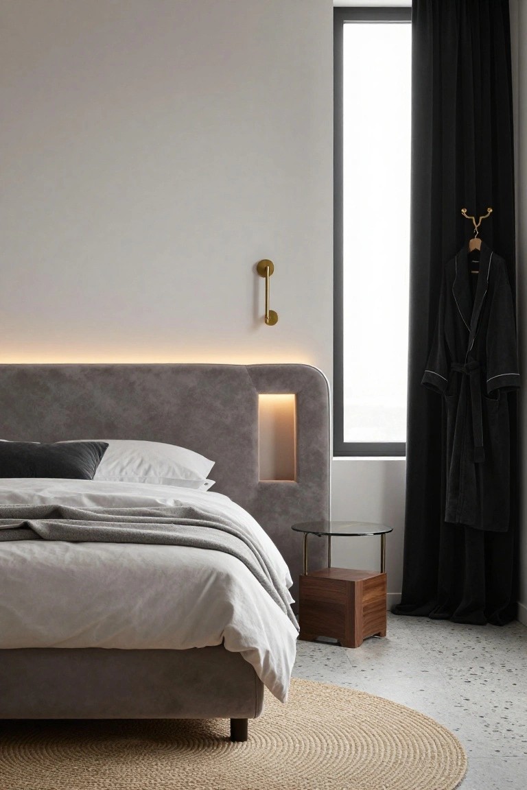 Modern bedroom with gray upholstered headboard featuring recessed LED lights, neutral white bedding, glass nightstand on brass legs, wooden stool, black curtain on large window, and black robe on gold hook beside wall sconce.