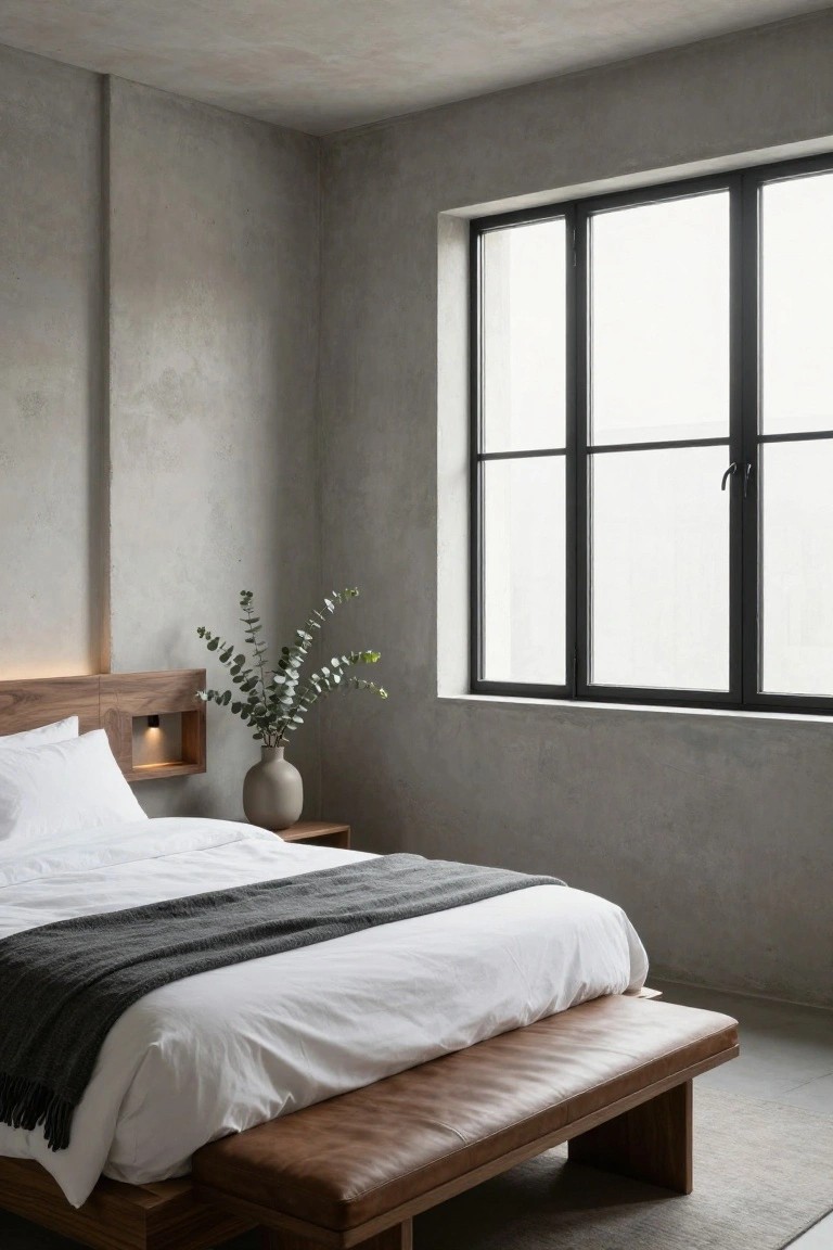 Modern bedroom with light gray textured concrete walls, wooden bed headboard with built-in light and niche, white bedding with gray throw, brown leather bench at foot of bed, beige vase of eucalyptus branches, and large black-framed triple window.