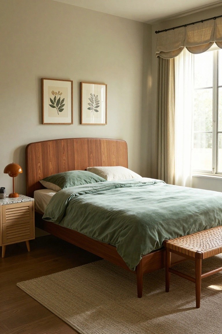 Bedroom with curved wooden headboard, sage green duvet and pillows on bed, wooden nightstand holding orange lamp, beige walls with framed botanical prints, beige curtains on window, rattan bench at bed foot, and light wood floor with beige rug.