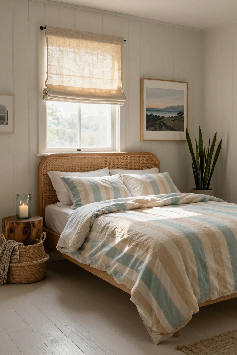 Bedroom interior with rattan headboard bed covered in light blue and beige striped linen duvet and pillows, wooden stump side table holding glass candle with lit wick, potted snake plant, bamboo roman shade on window, white vertical board walls, and light wood floors.