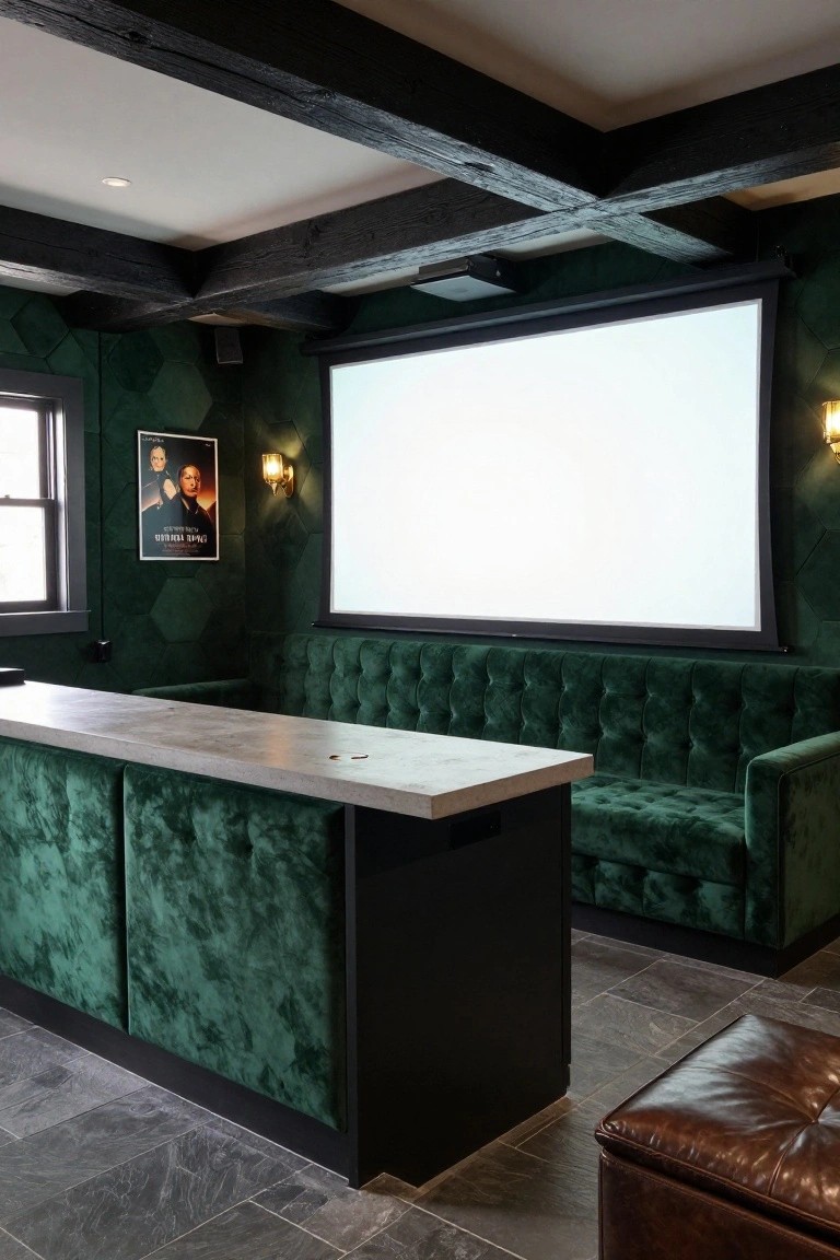 Basement home theater room with emerald green tufted velvet sofas and bar fronts, large blank projection screen, honeycomb green walls, exposed dark wood beams, movie poster, and brown leather ottoman on dark tile floor.