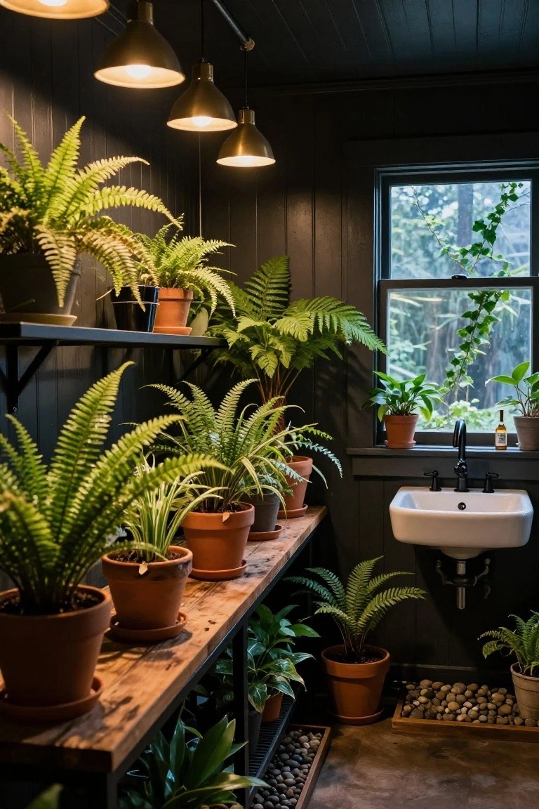 Dark shiplap-walled bathroom with numerous potted ferns on black shelves and a wooden bench next to a white pedestal sink under warm pendant lights.
