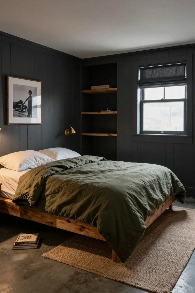 A bedroom featuring dark gray vertical shiplap walls, a low wooden platform bed with white sheets and green duvet, built-in wooden shelves beside a double-hung window with gray roman shades, a black and white photo on the wall, stacked books on the concrete floor, and a beige seagrass rug.