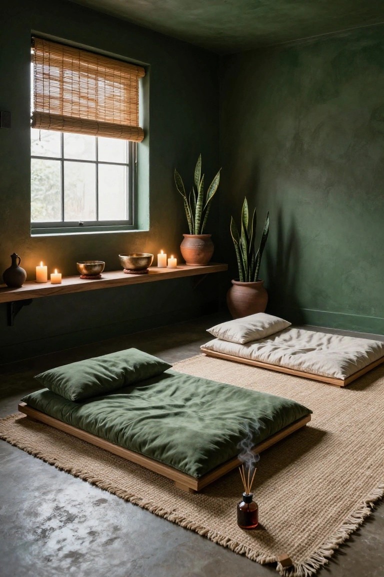 Dark green interior room with two low wooden futon platforms holding green and beige bedding on a seagrass rug, snake plants in terracotta pots, candles and bowls on a wooden shelf, and a lit incense stick nearby.