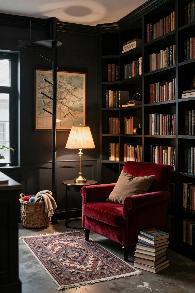 Dark-paneled corner room with floor-to-ceiling black bookshelves filled with books, red velvet armchair with beige cushion, brass lamp on round side table, stack of books on floor, woven basket with yarn and blanket, and patterned rug on concrete floor.