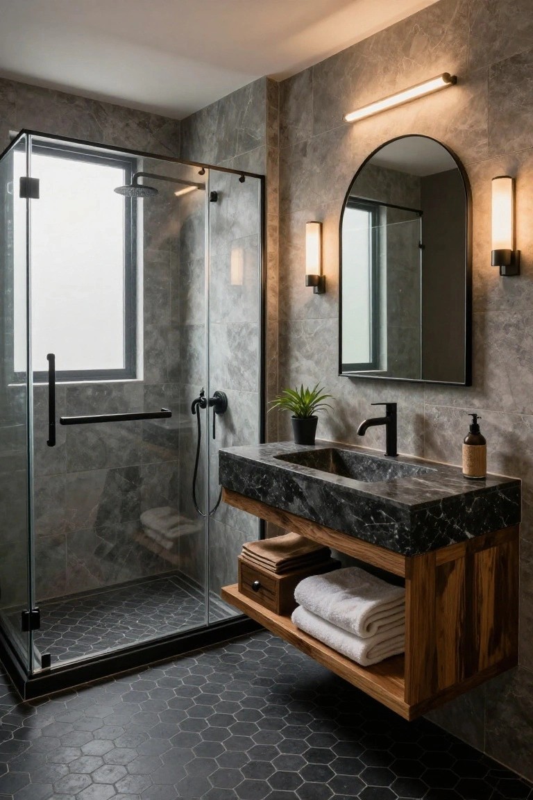 Modern bathroom with gray stone-look tile walls, black hexagonal floor tiles, glass shower enclosure with window, arched black mirror, wall sconces, and floating wooden vanity topped with black stone basin holding soap dispenser, towels, and plants.