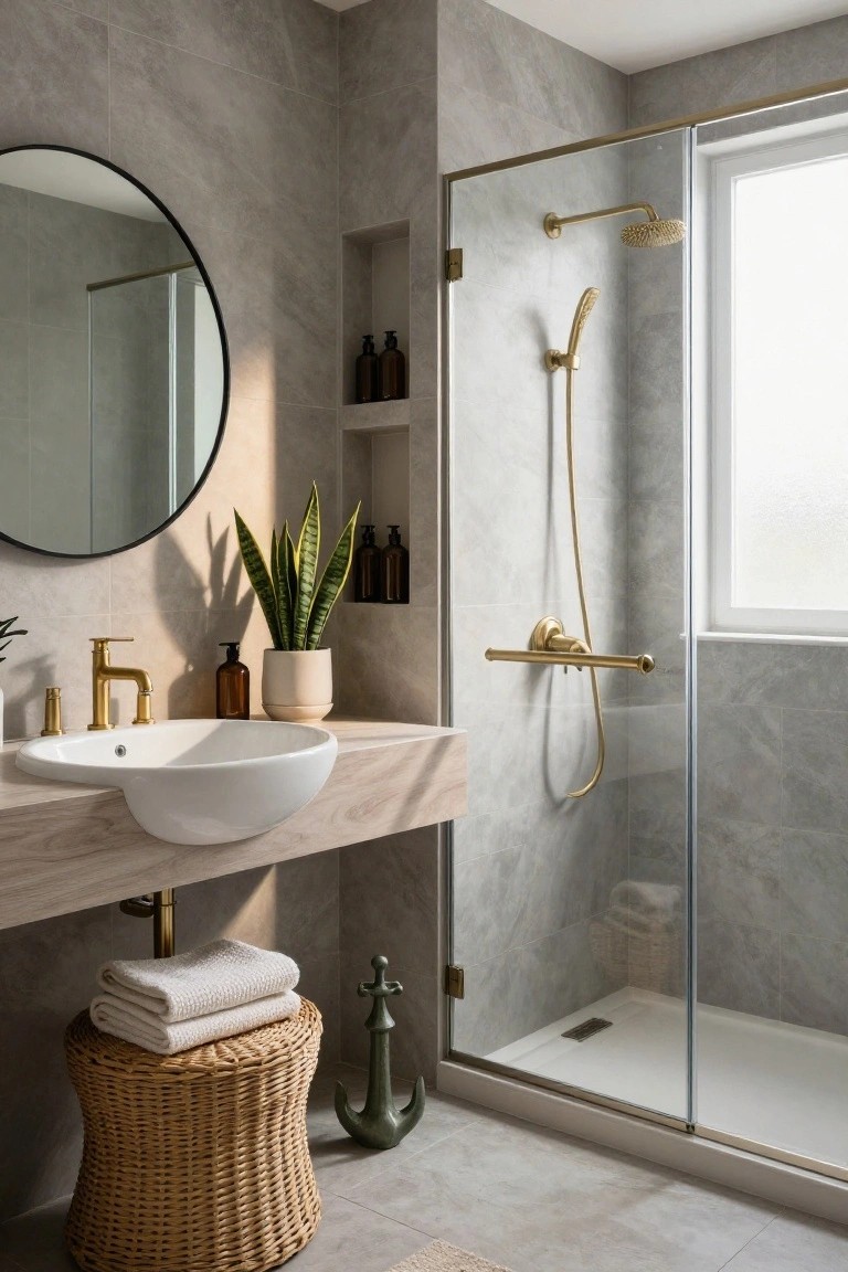 Modern bathroom featuring gray tiled walls, floating white sink with brass faucet, round black mirror, snake plant in white pot, glass shower with brass hardware, woven stool with towels, and green anchor decoration.