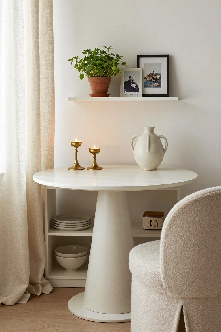 White round pedestal table with open shelving below holding stacked white plates, bowls, and a small wooden box, topped with two gold candlesticks and a beige vase, beside a cream upholstered chair in a light room with sheer curtains, potted plant, and framed photos on a wall shelf.