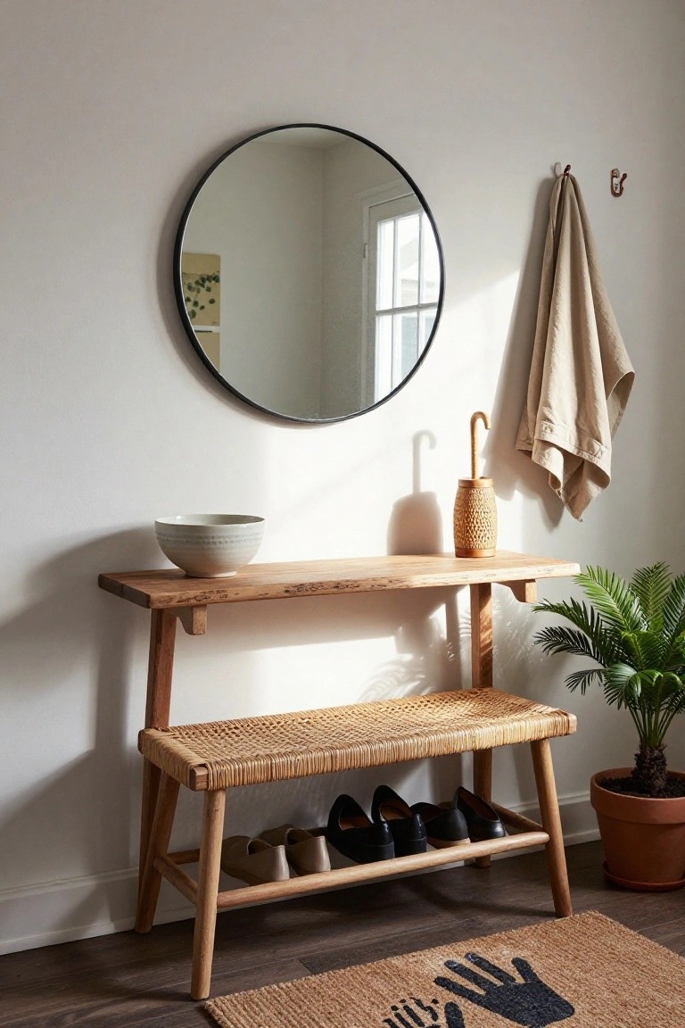 Wooden console table with rattan bench seat and open shoe shelf underneath in a light entryway, round black mirror on wall, beige towel on hooks, potted plant, and woven doormat.