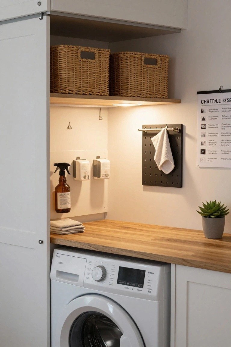 White laundry room with open shelving holding two wicker baskets, wooden countertop, white Electrolux washing machine, wall-mounted brown cleaning bottle and white dispensers, black pegboard with white towels, and a chart on the wall.